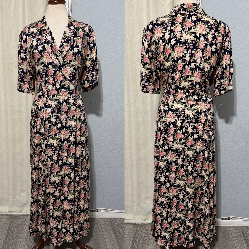 Betsy's Things Vintage 90s Floral Maxi Dress XL Navy Double Breasted Cottagecore - Picture 2 of 16